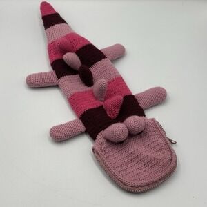 Handmade Crochet Dinosaur Dragon Zip Pouch Coin Purse Bag Pink Stripe Cute